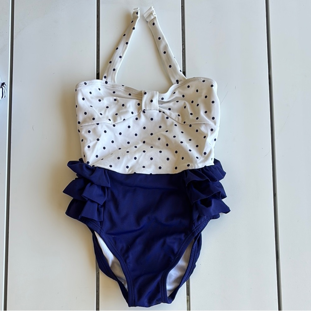 Janie and Jack White and Blue One Piece Swimsuit with Ruffled Tiers